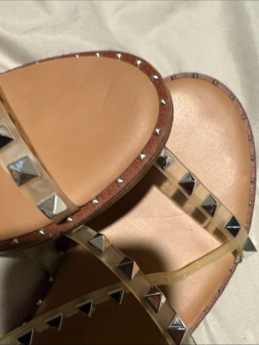Steve Madden Clear Pyramid-Stud Strappy Sandals with Tan Insole - Picture 3 of 4